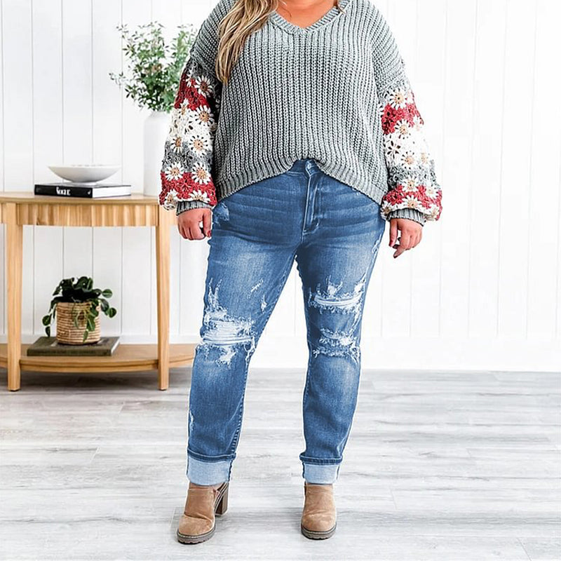 Tummy Control Distressed Cuffed Boyfriend Jeans