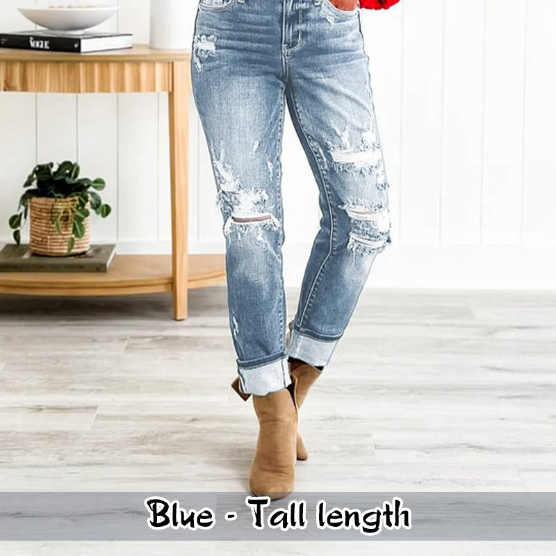 Tummy Control Distressed Cuffed Boyfriend Jeans